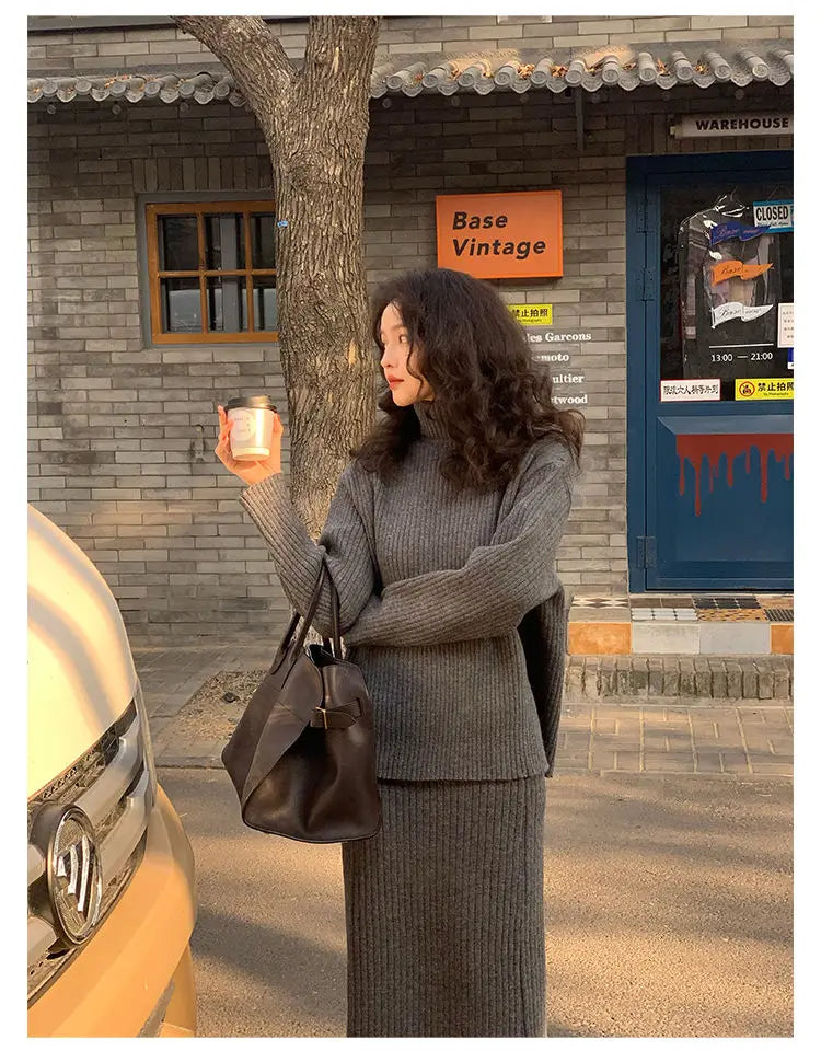 French Trendy Retro Two-piece Set with High Neck Sweater Knitted Top