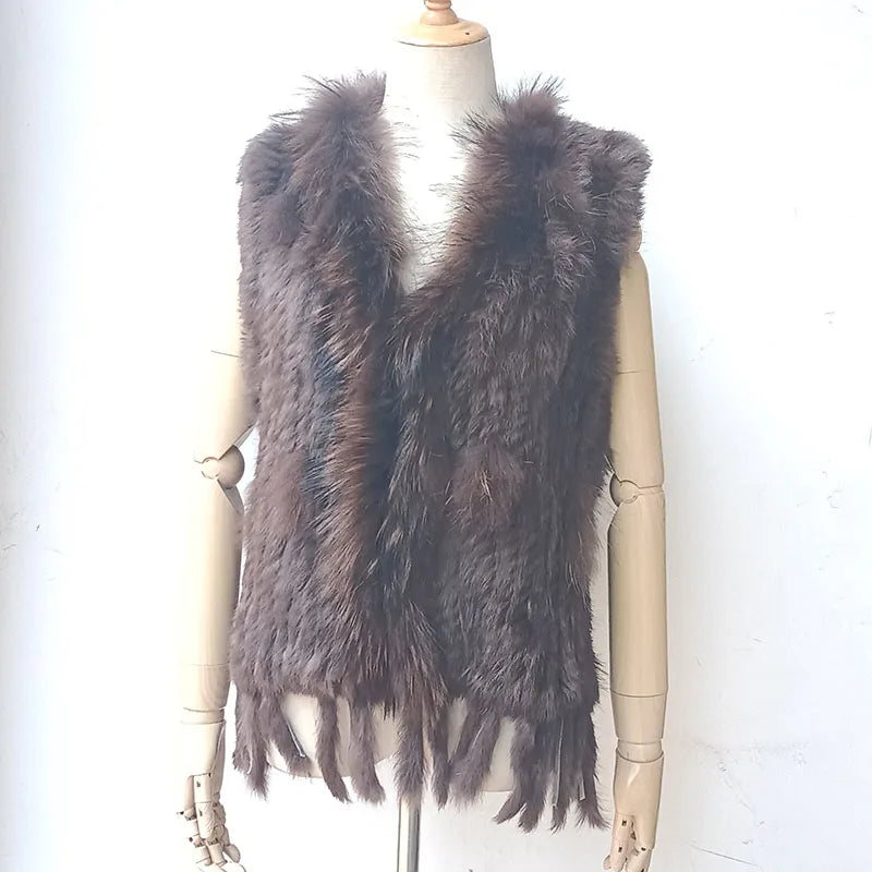 Warm Sleeveless Genuine Rabbit Fur Knitted Vest with Tassel