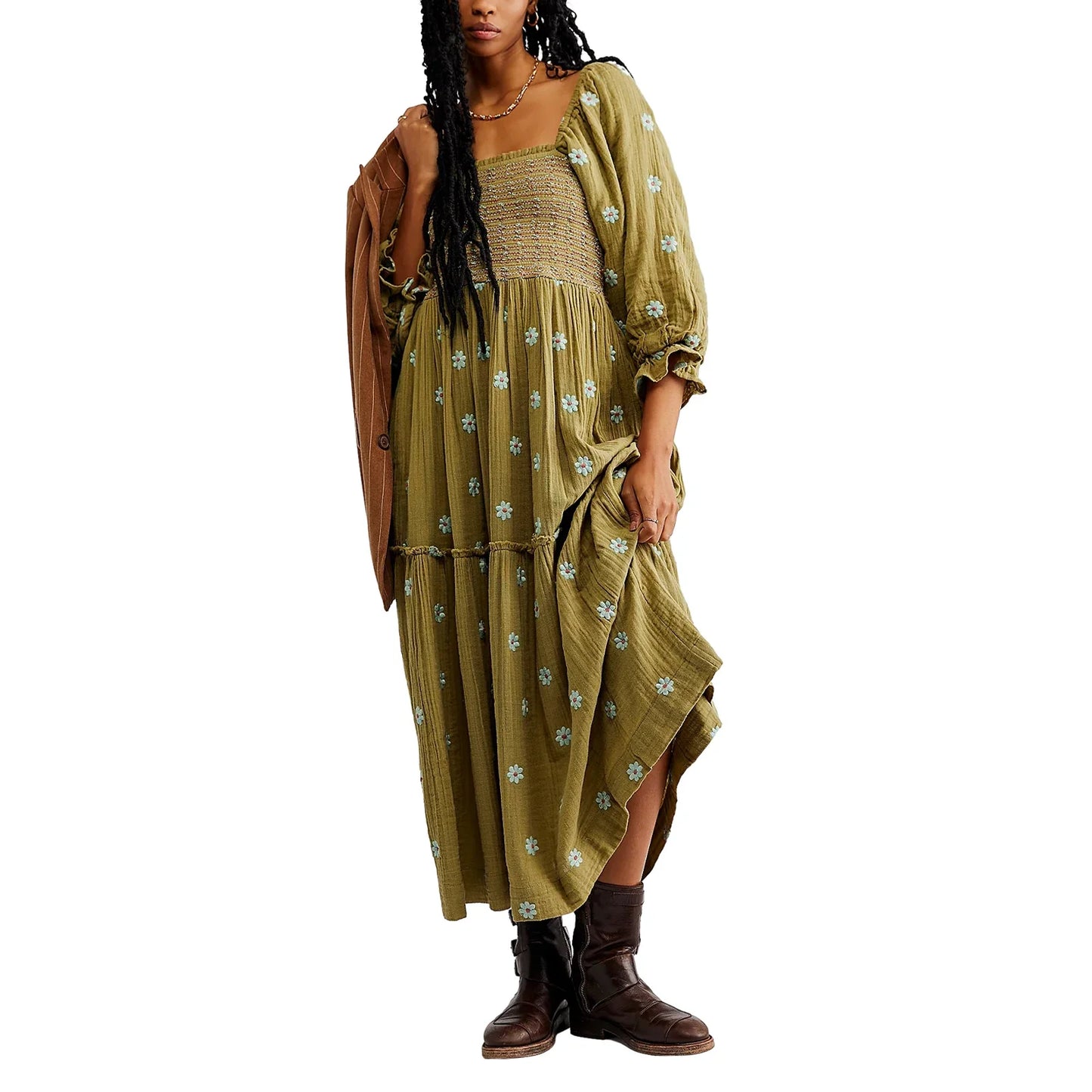 Bohemian Floral Embroidery  Square Neck  Loose Swing Long Dress with 3/4 Puff Sleeves