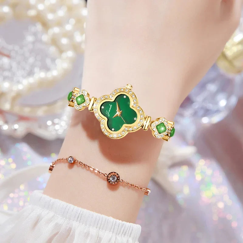 Lucky 4 Leaf Clover Green Rhinestone Watch