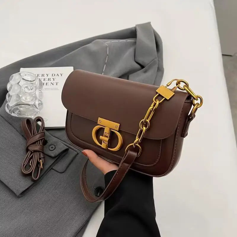 Luxury Eco Leather Crossbody Bag with Chain Metal Letter Lock