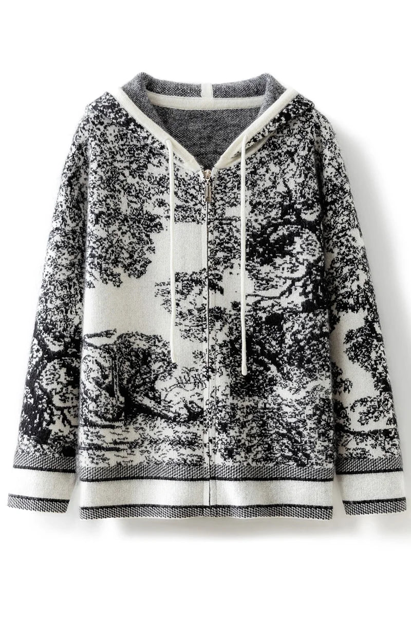 Tie Dye Pure Wool Black and White  Painting Hooded Zipper Cardigan