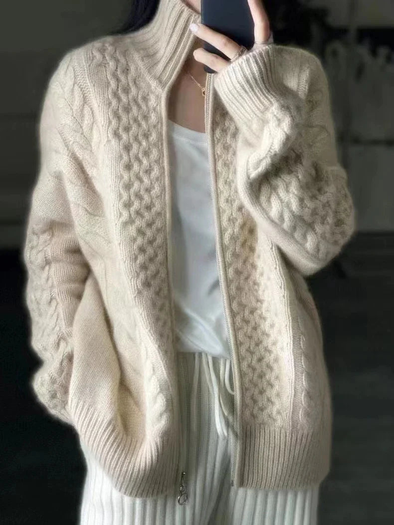 Luxurious High Neck Knit Wool Zippered Cardigan Sweater Jacket