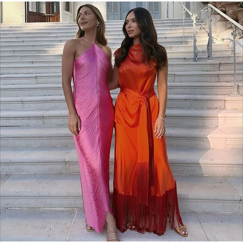 Tassel Back Slit Halter Off Shoulder Long Dress