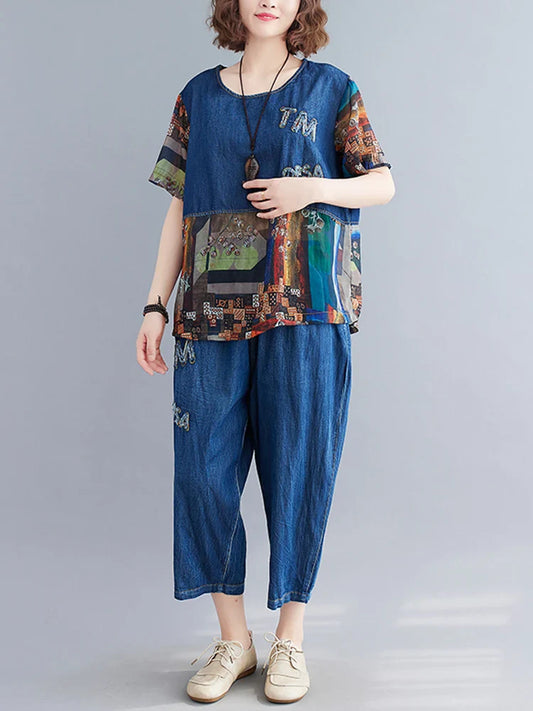 Denim Vintage Spliced Print 2 Two Piece Set