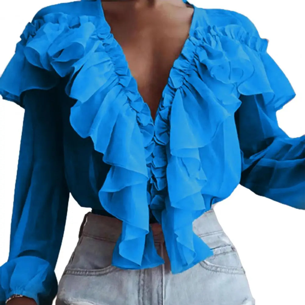 Love Ruffle Collar V-neck  Chiffon Shirt with Long Sleeve