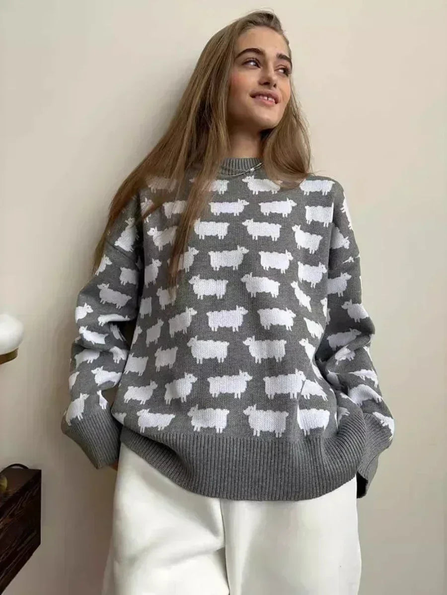 O-neck Alpaca Loose Casual Mid Length Printed Sweater