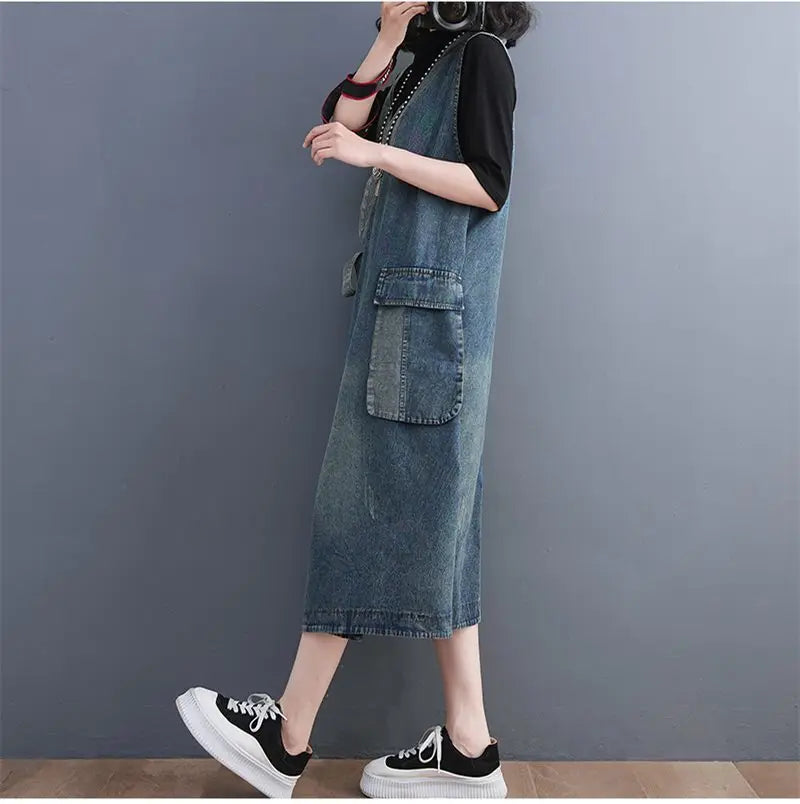 Classic Leisure Fashion Loose Belt Sleeveless Denim Dresses