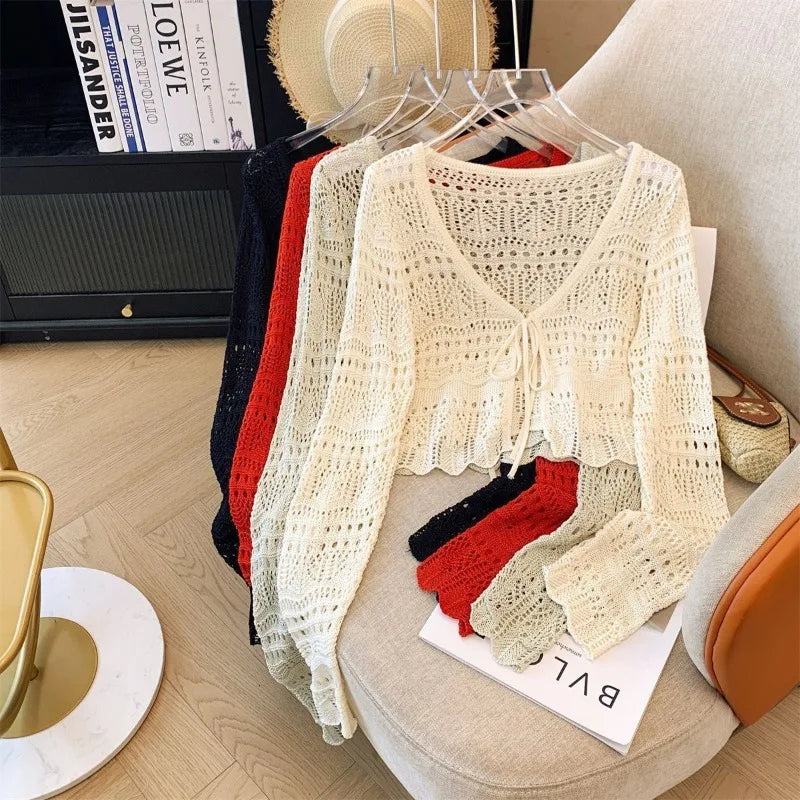 Casual Comfort Crochet  Short Top  Knitted Cardigan with Long Sleeves
