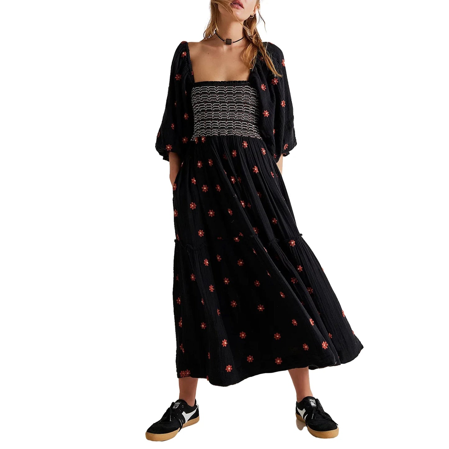 Bohemian Floral Embroidery  Square Neck  Loose Swing Long Dress with 3/4 Puff Sleeves