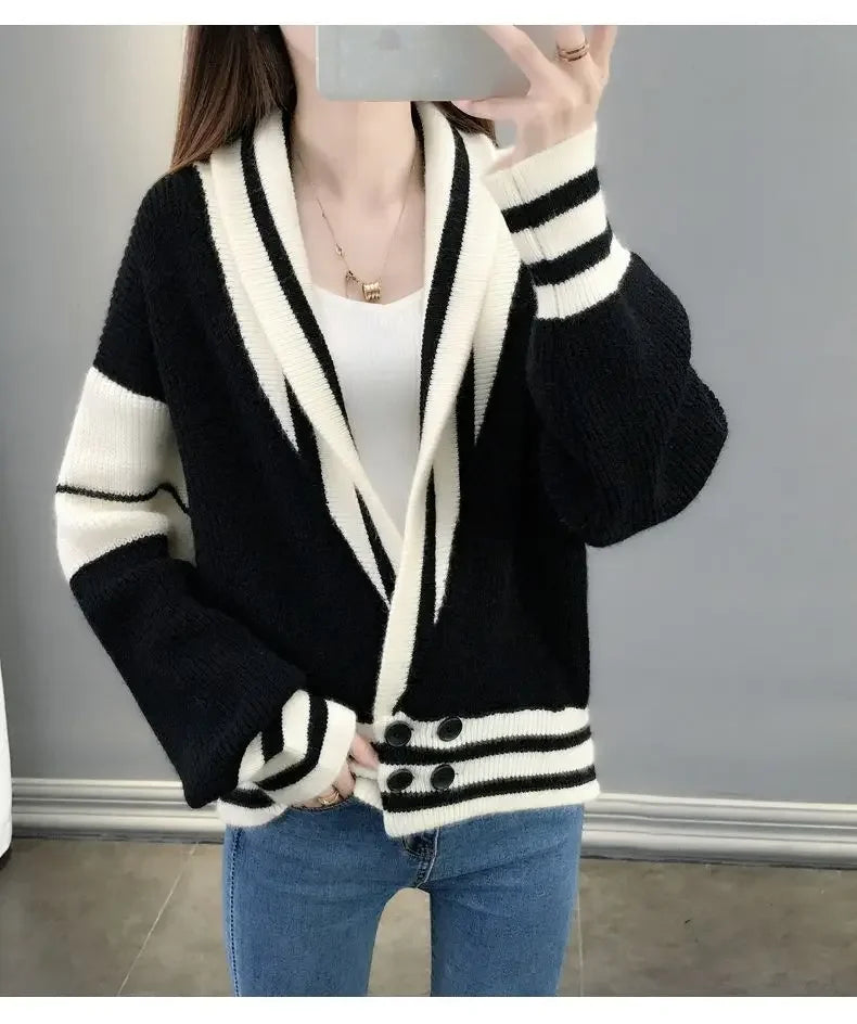 Striped Knitted  Cardigan Coat Long Sleeve Sweater Jackets