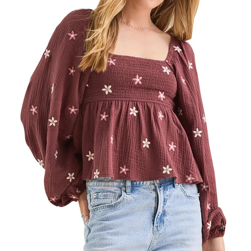 Floral Embroidered Smocked Square Neck Vintage Casual Tops