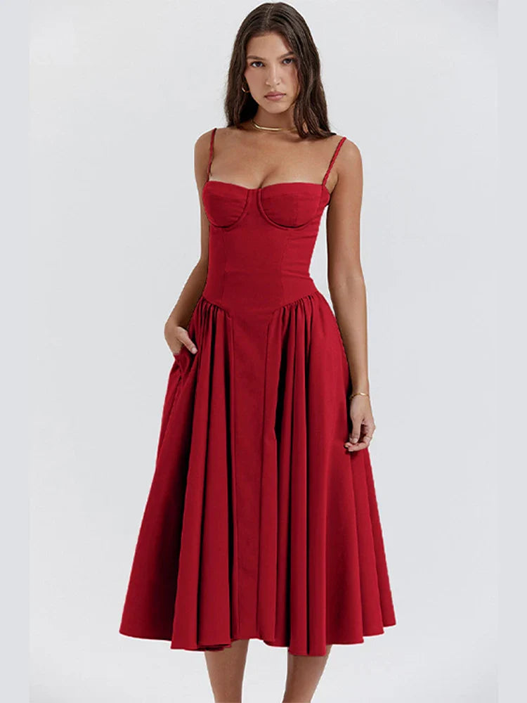 Party Pleated Hem Sling Midi Sleeveless Backless Dresses