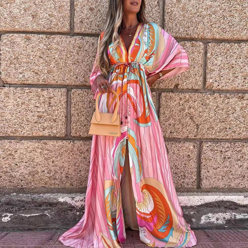 Elegant Artsy Print Oversized Holiday Beachy Maxi V-Neck Dress