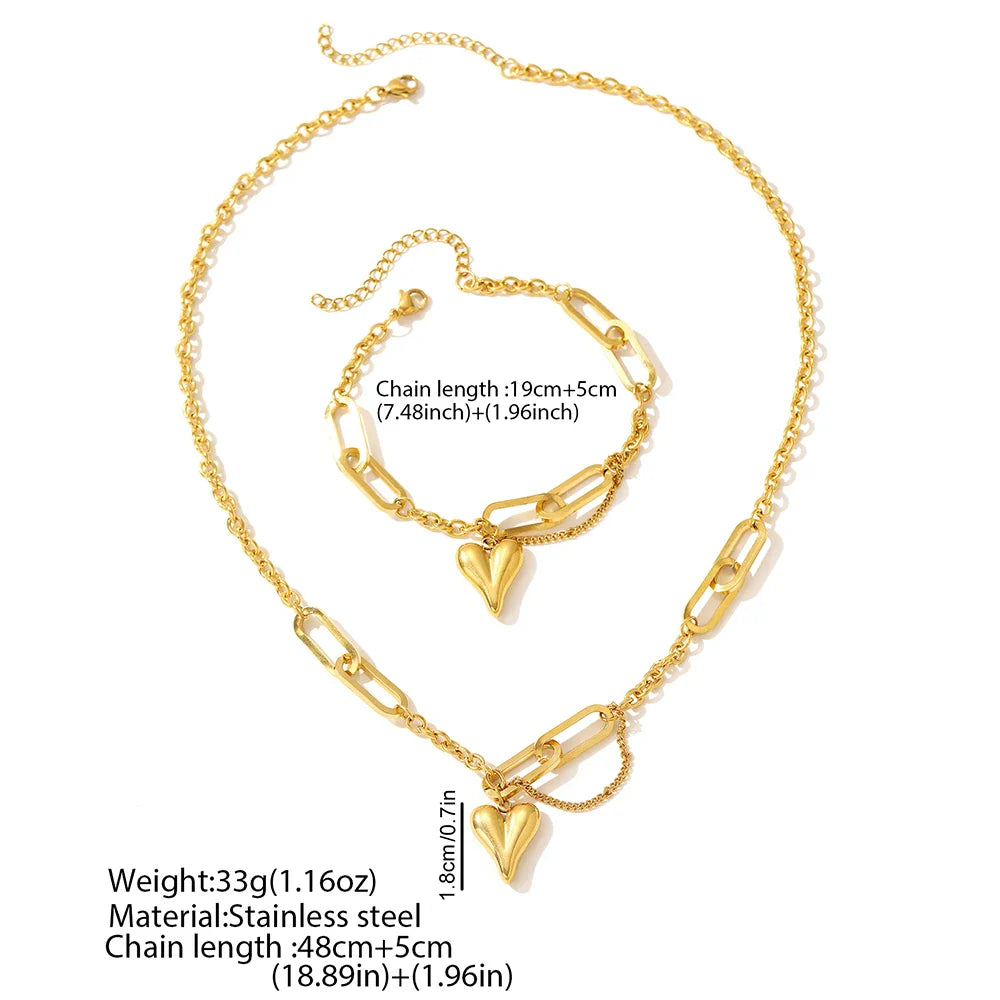 Matching Heart Shaped Chain Necklace & Bracelet Set