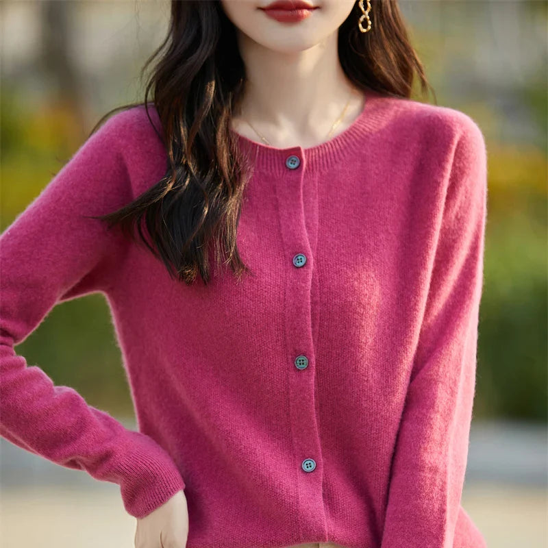 Soft Wool Cashmere Blend Knitted Round Neck Cardigan