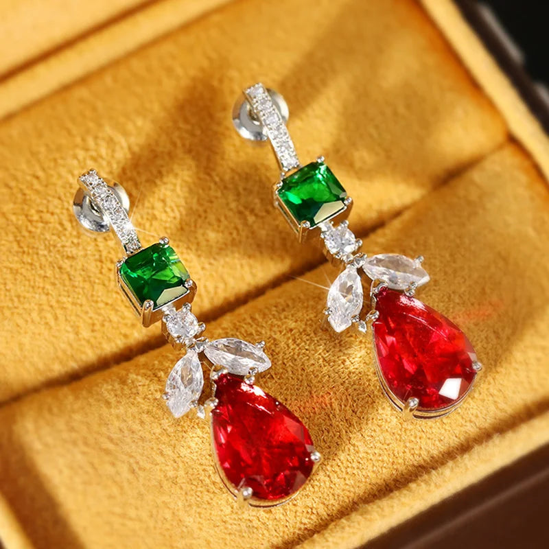 Dazzling Red/Green/White Zirconia Pendant Earrings