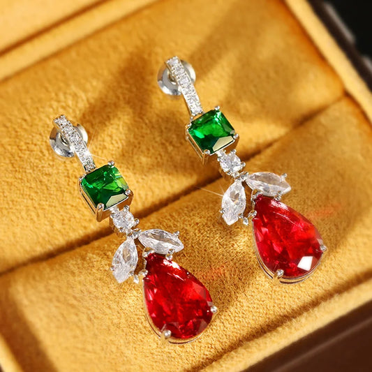 Dazzling Red/Green/White Zirconia Pendant Earrings