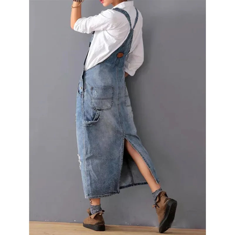 Denim Sleeveless Strap Straight Long Skirt.