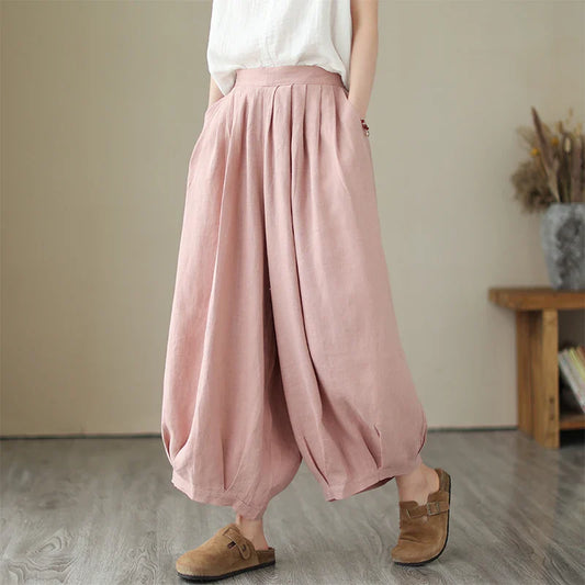 Arts Style Ankle-length Loose Elastic Waist Wide Leg Pants