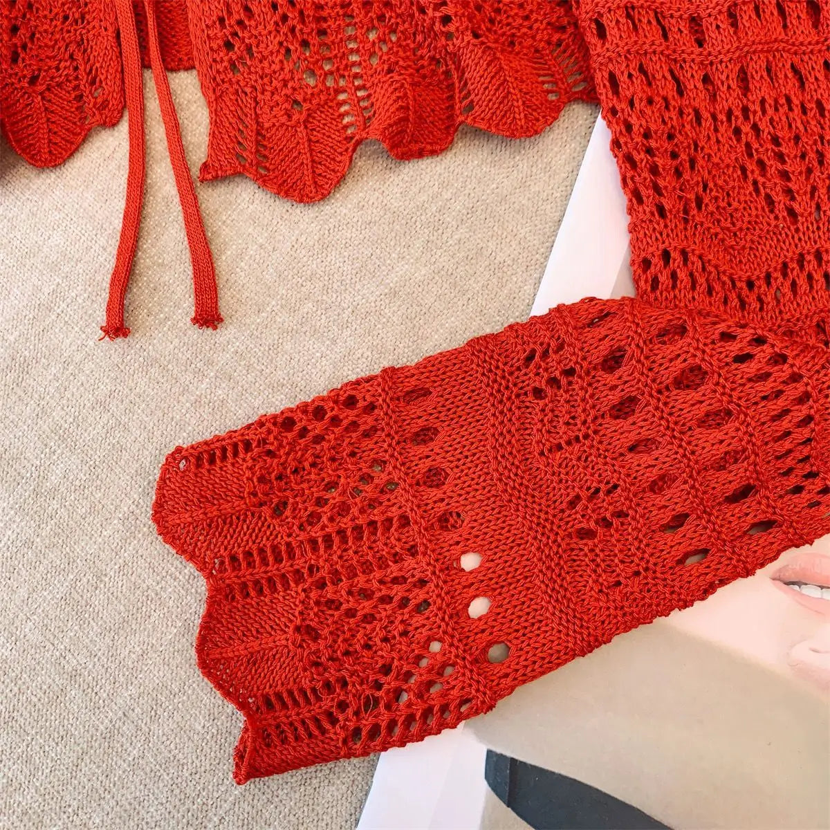 Casual Comfort Crochet  Short Top  Knitted Cardigan with Long Sleeves