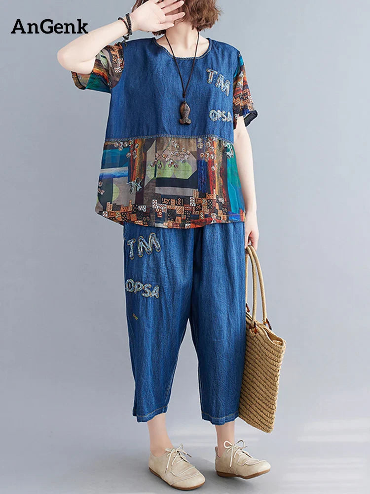 Denim Vintage Spliced Print 2 Two Piece Set