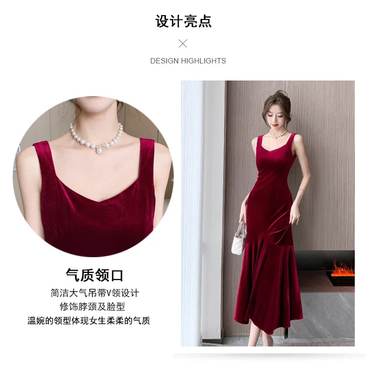 NEW Elegant Korean  Velvet Backless Sleeveless Midi Mermaid Dresses