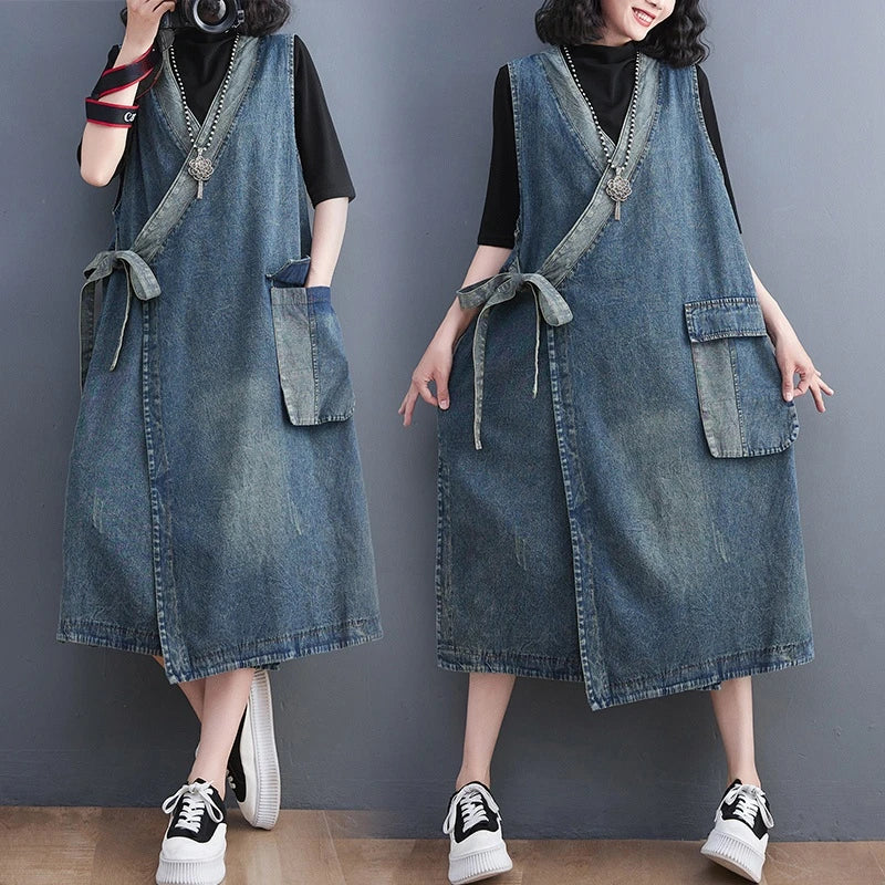 Classic Leisure Fashion Loose Belt Sleeveless Denim Dresses