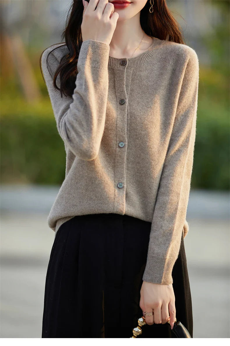 Soft Wool Cashmere Blend Knitted Round Neck Cardigan