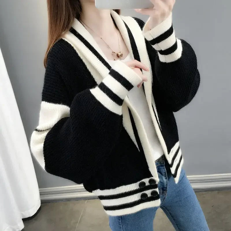 Striped Knitted  Cardigan Coat Long Sleeve Sweater Jackets