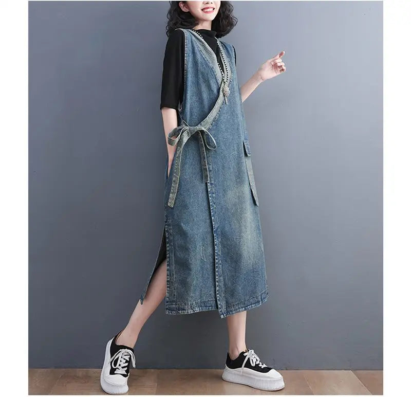 Classic Leisure Fashion Loose Belt Sleeveless Denim Dresses