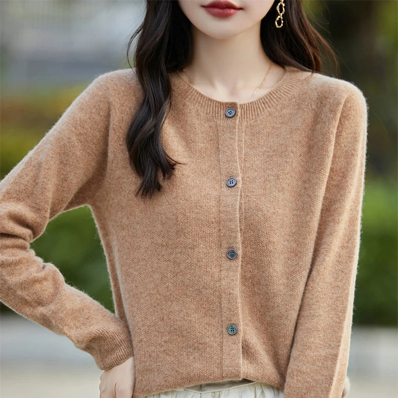Soft Wool Cashmere Blend Knitted Round Neck Cardigan
