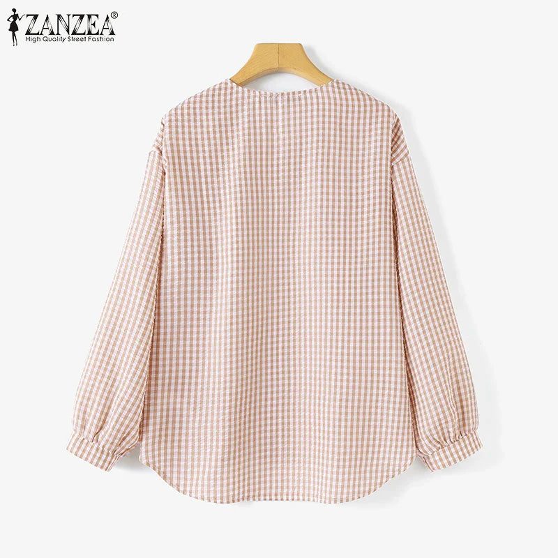 Vintage Plaid Checked  V-Neck Shirt with Long Sleeves