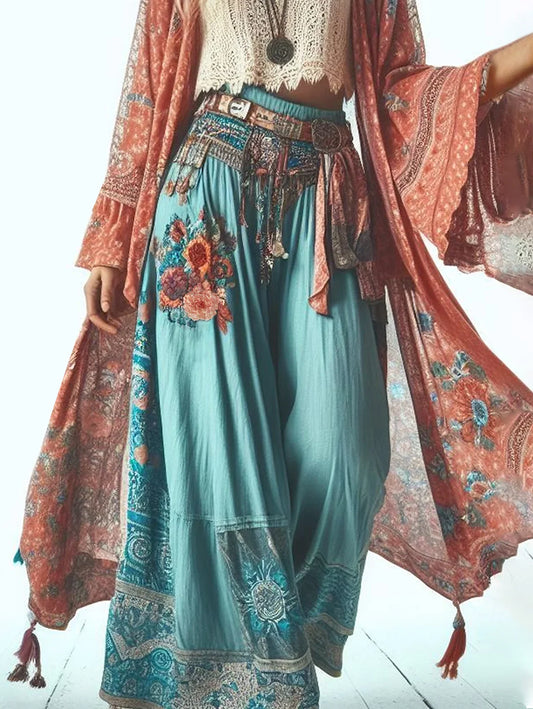 Ethnic Style Floral  Floy Wide Leg  Ankle Length Pants