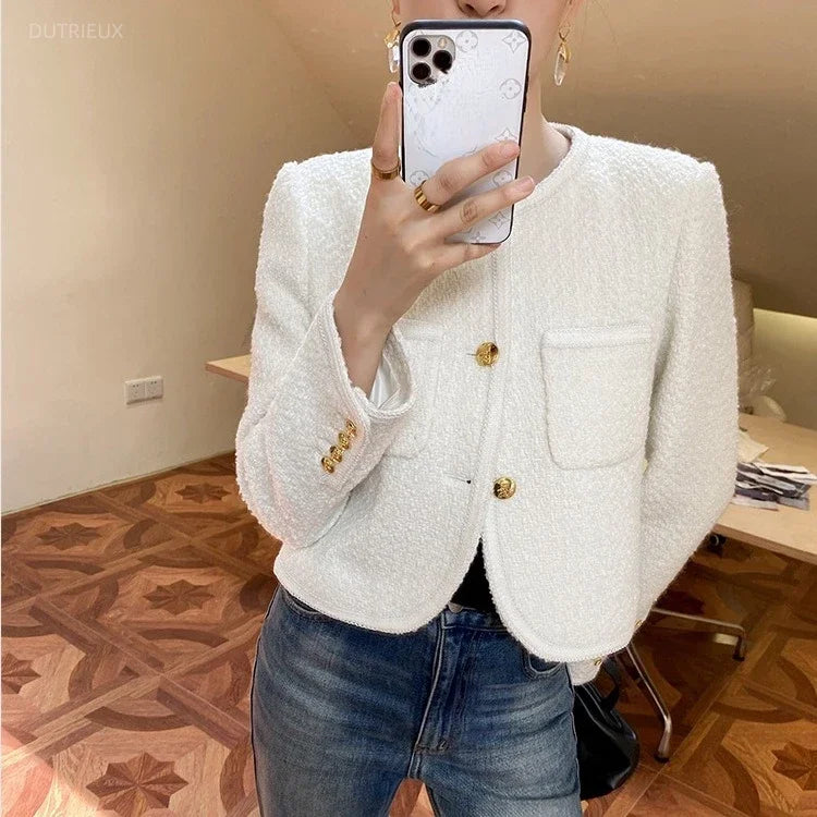 Autumn New Black Tweed Coat Women  Elegant Slim Fit  Long Sleeve Jackets