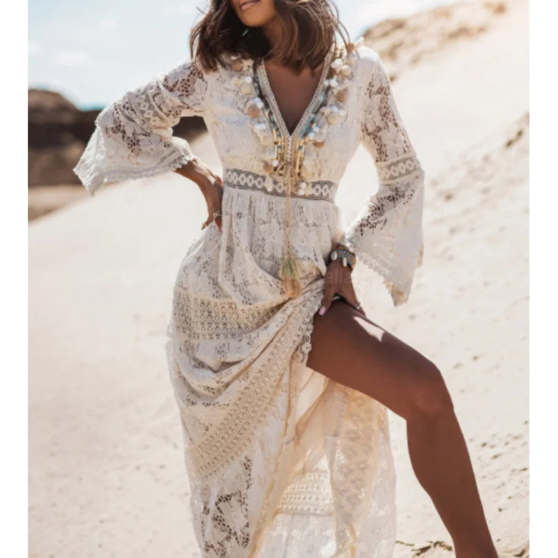 Boho White Beige Lace V Neck Dress