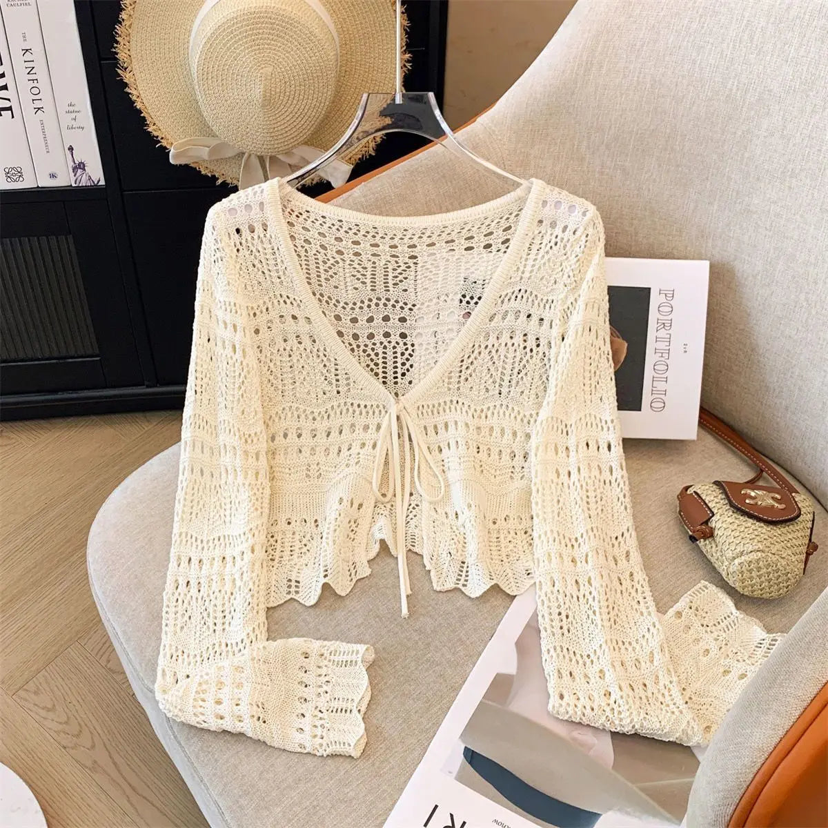 Casual Comfort Crochet  Short Top  Knitted Cardigan with Long Sleeves