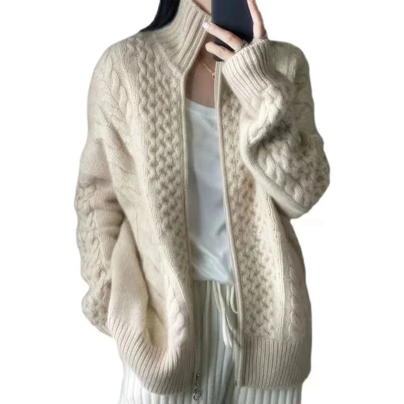 Luxurious High Neck Knit Wool Zippered Cardigan Sweater Jacket