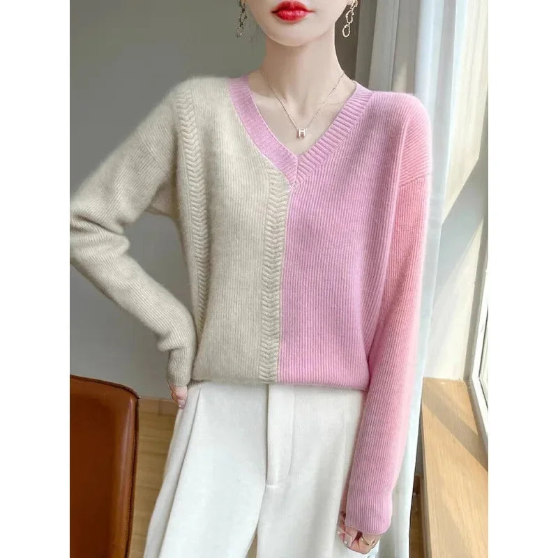 Chic Cashmere Knitted Color Block Patchwork Loose-Fit Style Pullover