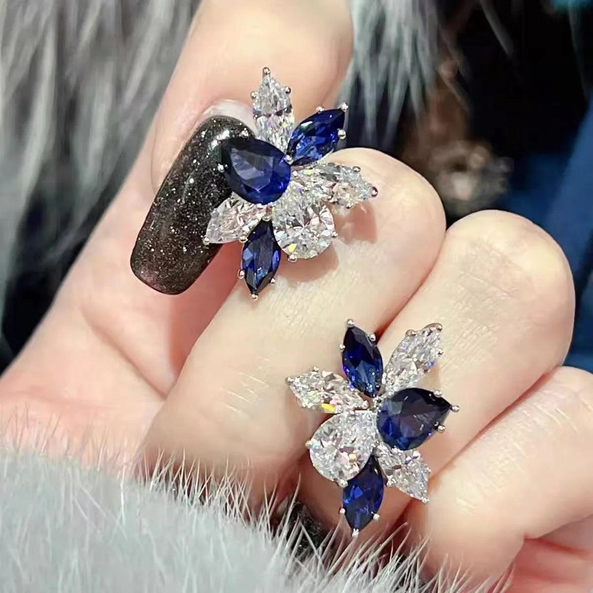 Sterling Silver Blue & White Sapphire Jewelry Set - Earrings & Necklace