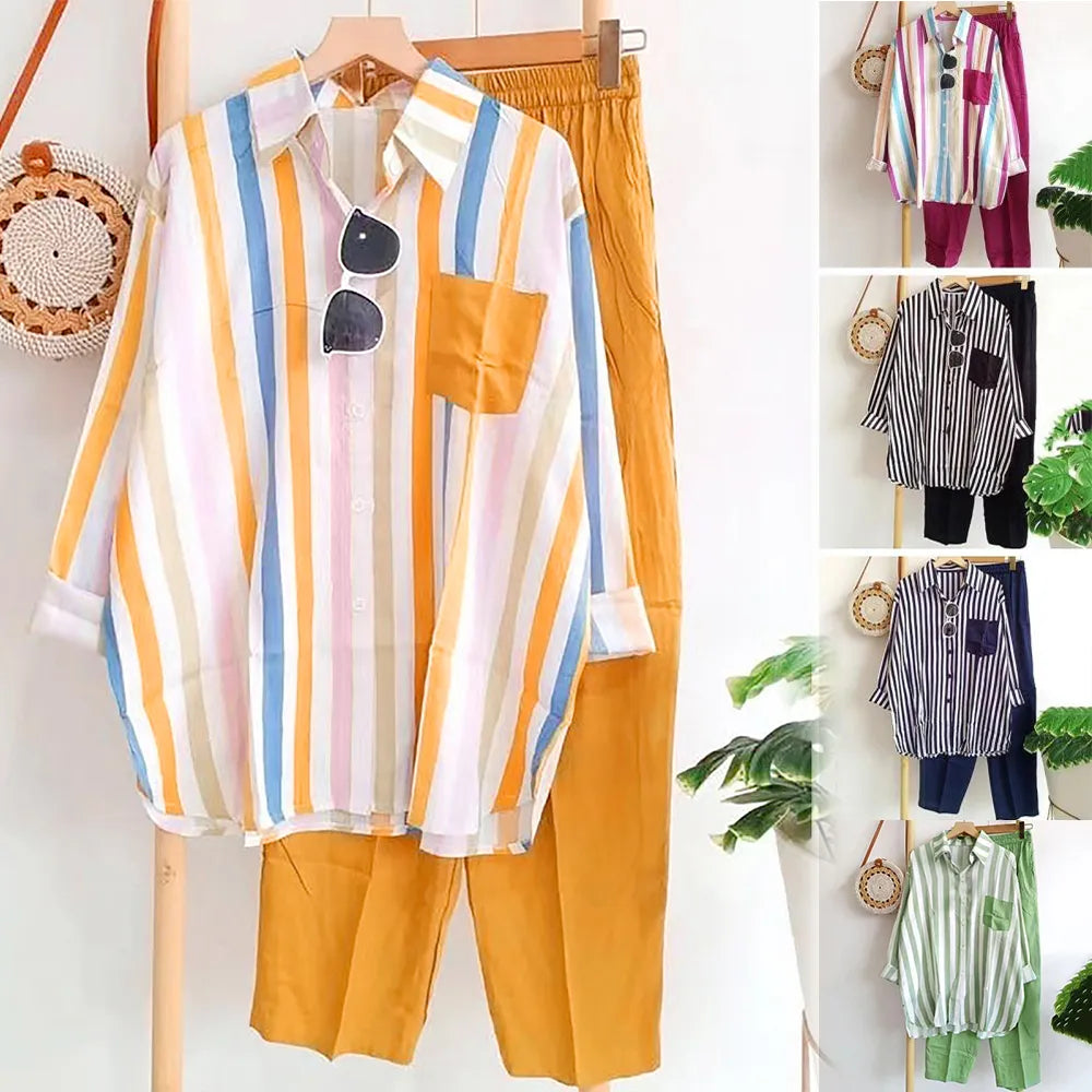 Cotton Linen Casual Loose Fit Top Wide Leg Pants Set