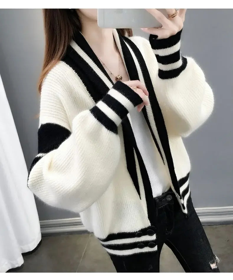 Striped Knitted  Cardigan Coat Long Sleeve Sweater Jackets
