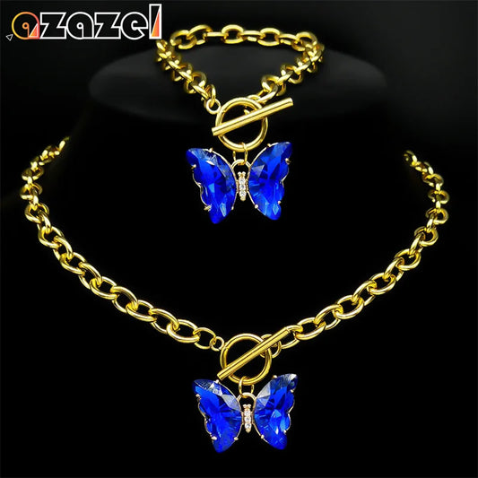 Sparkling Blue Butterfly Necklace & Bracelet Jewelry Set