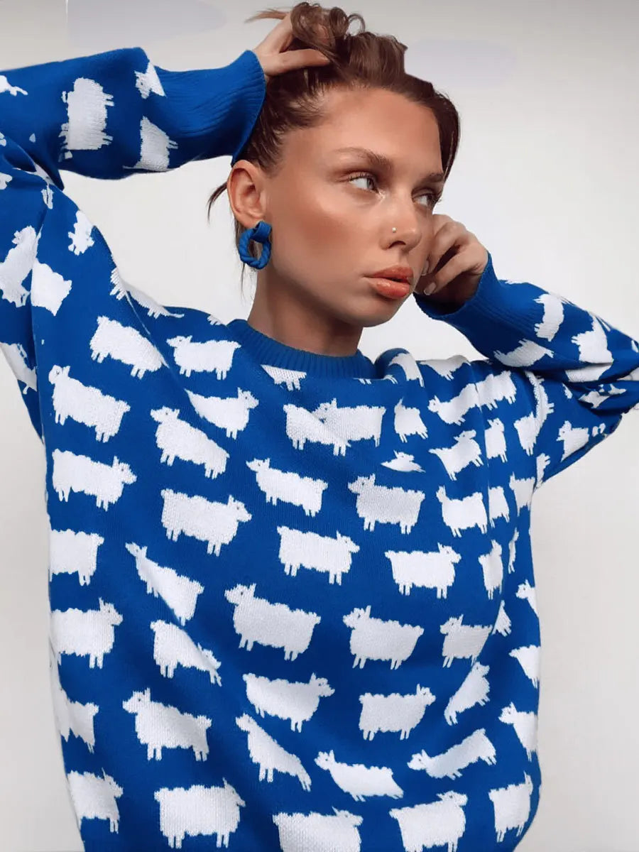 O-neck Alpaca Loose Casual Mid Length Printed Sweater