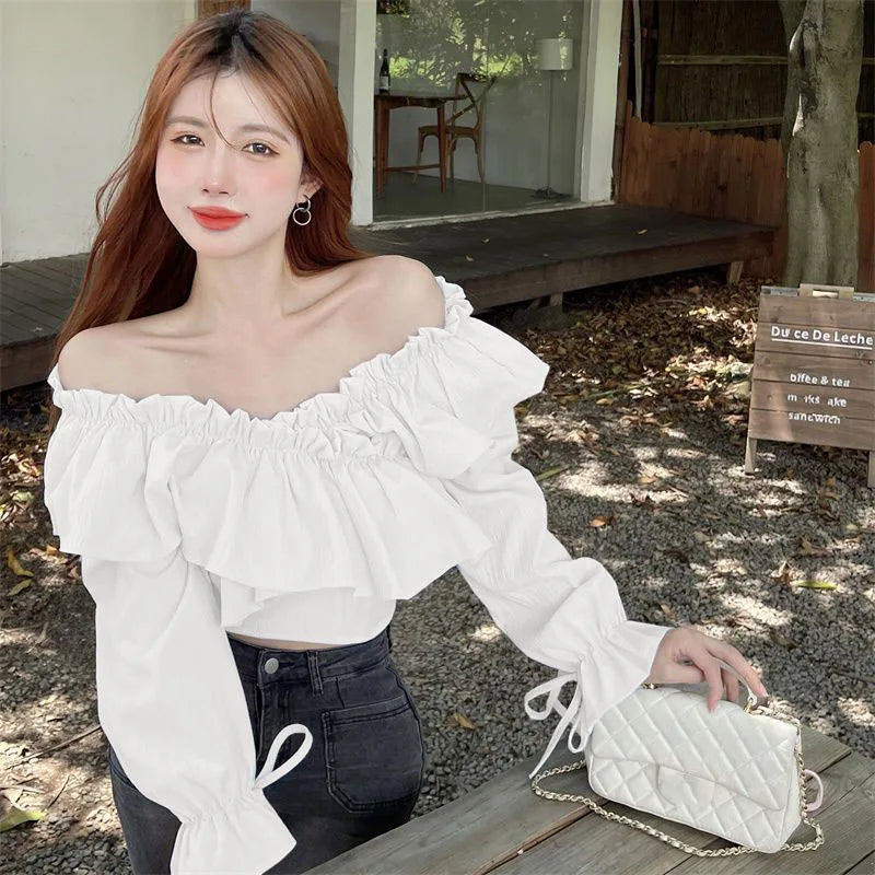 Ruffles Patchwork V-Neck Crop Tops Blouse  with Long Sleeve