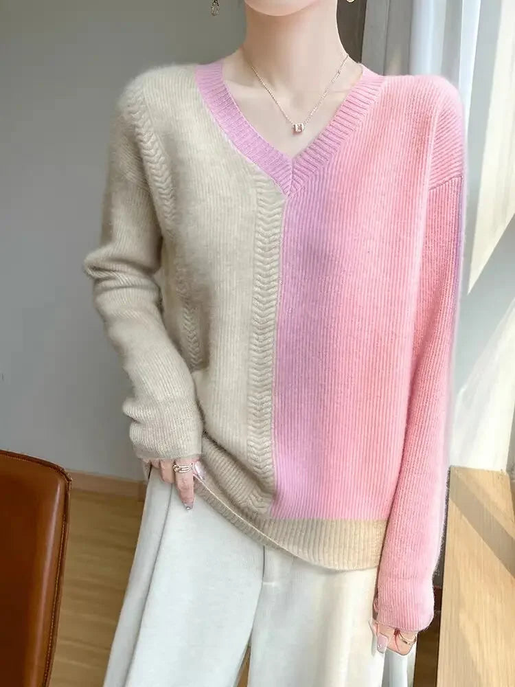 Chic Cashmere Knitted Color Block Patchwork Loose-Fit Style Pullover