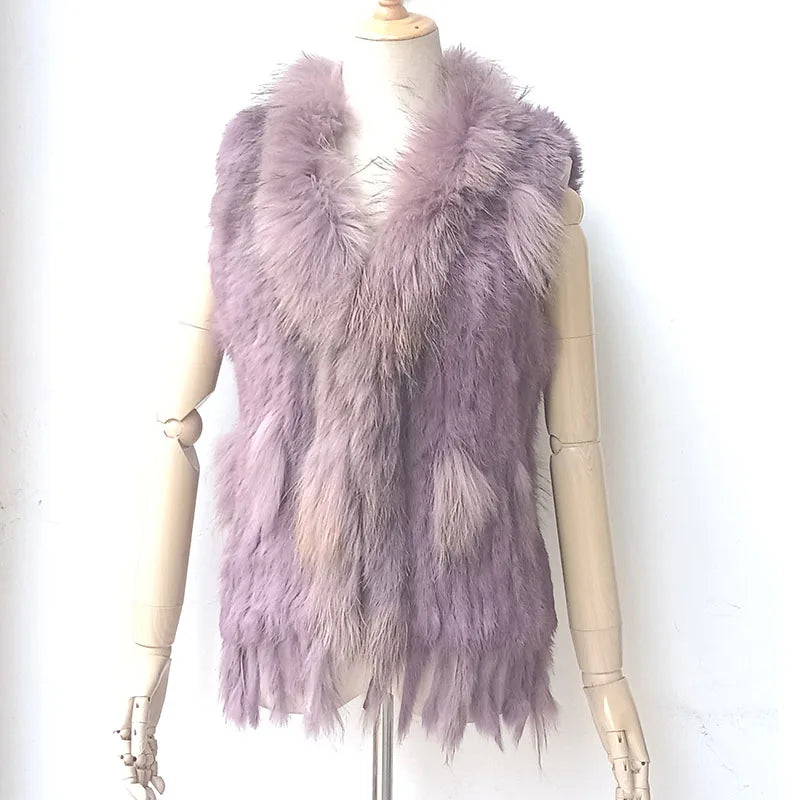 Warm Sleeveless Genuine Rabbit Fur Knitted Vest with Tassel