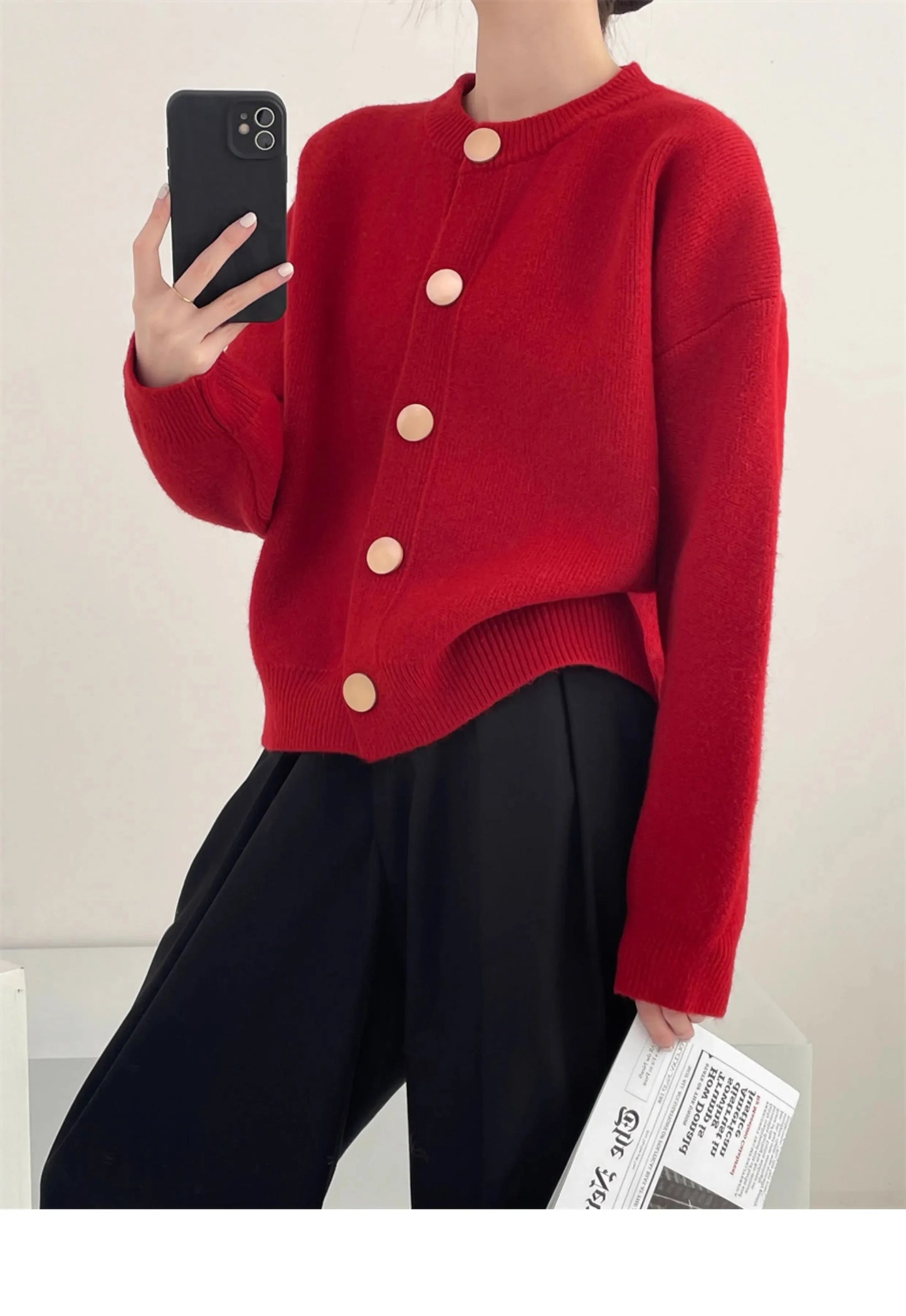 Elegant Cashmere  O-neck Knitted Loose  Cardigans Sweater