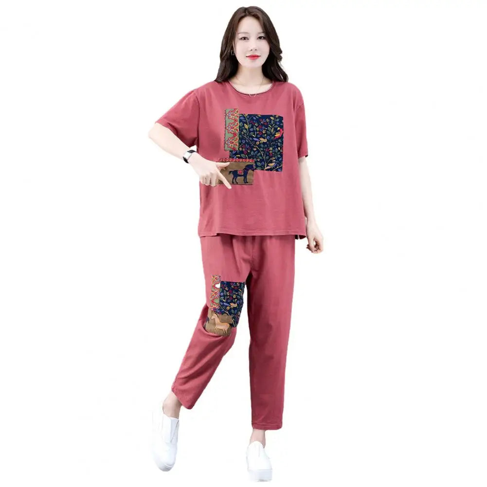 Cool Printing O-Neck Top Cropped Pants Set