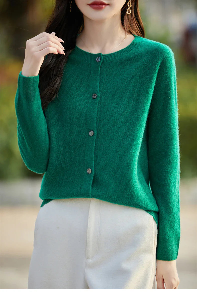 Soft Wool Cashmere Blend Knitted Round Neck Cardigan